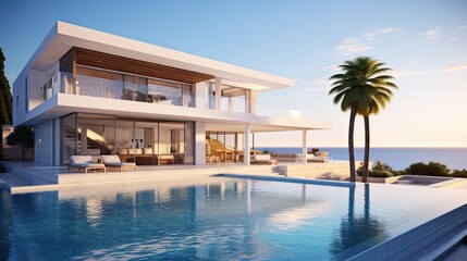 Fototapeta premium modern cozy house with pool and parking for sale or rent in luxurious style by the sea or ocean at sunset. Clear sky with clouds