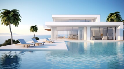 modern cozy house with pool and parking for sale or rent in luxurious style by the sea or ocean at sunset. Clear sky with clouds
