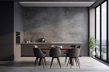 Interior of modern kitchen with gray walls, concrete floor, gray cupboards and round wooden table...