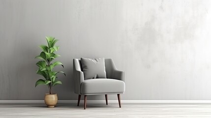 Modern interior with armchair and plant on white wall background