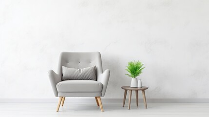 Modern interior with armchair and plant on white wall background