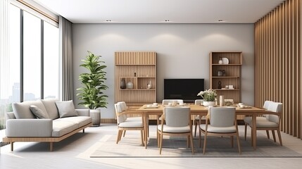 Fototapeta premium Interior of modern living room with wooden wall and sofa with dining table