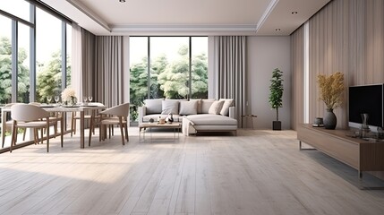 Fototapeta premium Interior of modern living room with wooden wall and sofa with dining table