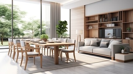 Interior of modern living room with wooden wall and sofa with dining table