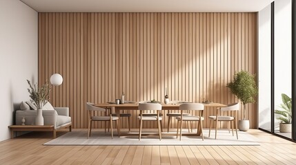 Interior of modern living room with wooden wall and sofa with dining table