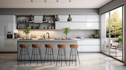 Interior of modern kitchen white walls, wooden floor, white countertops and bar with stools in a house with a beautiful design