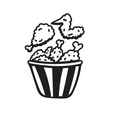 Basket of fried chicken vector in cute hand-drawn style isolated on white background. Fried chicken doodle illustration