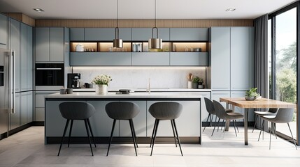 Interior of modern kitchen white walls, wooden floor, white countertops and bar with stools in a house with a beautiful design