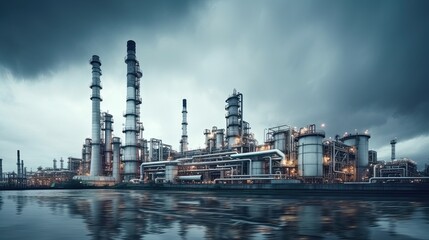 Naklejka premium Petrochemical plant with blue sky and clouds - industrial background