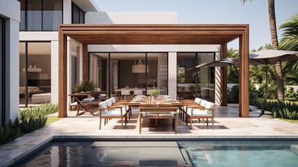 Fototapeta premium Luxury house with swimming pool, view from the terrace