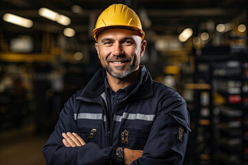Smiling young male engineer with arms crossed and wearing yellow engineering safety helmet on factory background created with Generative AI Technology - obrazy, fototapety, plakaty