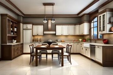 Interior of kitchen with counters, dining table and balloons for Valentine's Day. Modern kitchen interior