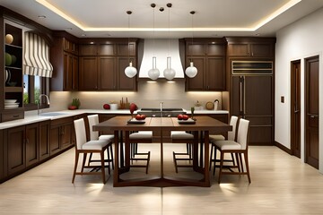 Interior of kitchen with counters, dining table and balloons for Valentine's Day. Modern dining room