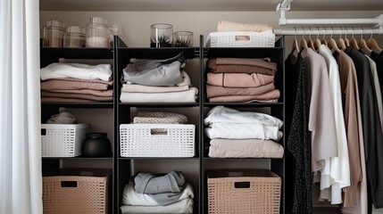 Closet and Wooden shelves with different clothes and accessories in room. Interior design