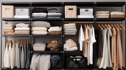 Obraz na płótnie Canvas Closet and Wooden shelves with different clothes and accessories in room. Interior design