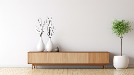 Interior of modern living room with wooden cabinet and vase - rendering