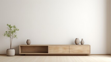 Interior of modern living room with wooden cabinet and vase - rendering