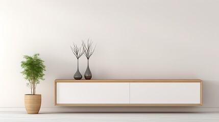 Interior of modern living room with wooden cabinet and vase - rendering