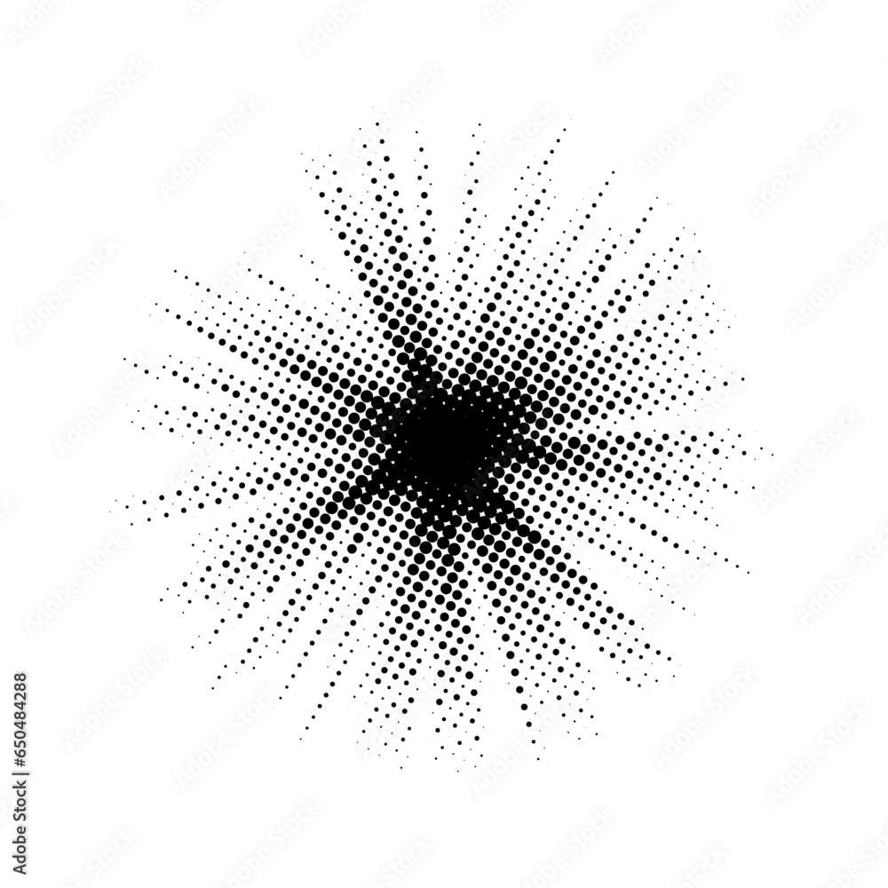 Poster Halftone burst background. Abstract dotted starburst element. Glowing light with grunge textured effect. Pop art style dots explosion. Retro noise grain shine star flare. Vector illustration