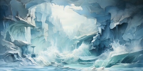 the entrance to an ice cave with water inside, in the style of light indigo and dark beige, generative AI