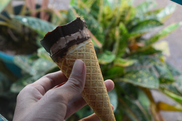 Photo of chocolate flavored corn ice cream with peanut topping that looks delicious and sweet