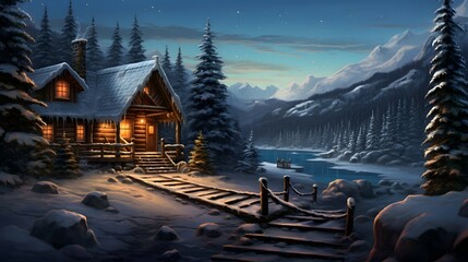 winter landscape with cabin and tree