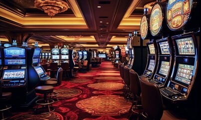 Interior of a hotel casino. Gambling slot machines, poker, and blackjack. Craps and betting on the...