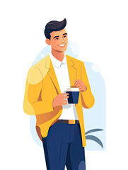 In the office a businessman stands with a cup of coffee and a smile with minimalist vector graphics created with Generative AI Technology