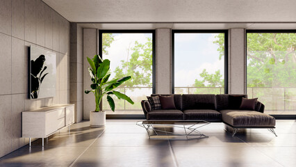 Fototapeta premium Large luxury modern bright interiors Living room mockup illustration 3D rendering computer digitally generated image