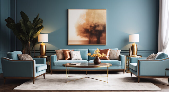 light blue living room with art paintings, gold chairs, in the style of luxurious