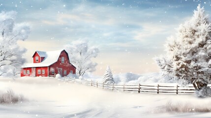 red barn in christmas winter - obrazy, fototapety, plakaty