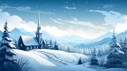 Papier Peint photo Bleu winter landscape with church