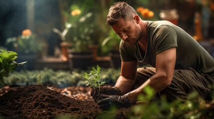 man working in the garden making a soil compost pit for gardening as a gardener created with Generative AI Technology - obrazy, fototapety, plakaty