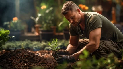 Tuinposter man working in the garden making a soil compost pit for gardening as a gardener created with Generative AI Technology © AstraNova