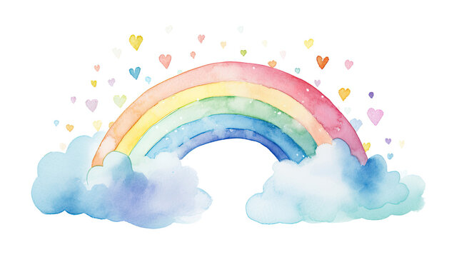 Cute rainbow clipart baby shower bright colors shades of blue rustic watercolor style hand painted on a white background  created with Generative AI Technology