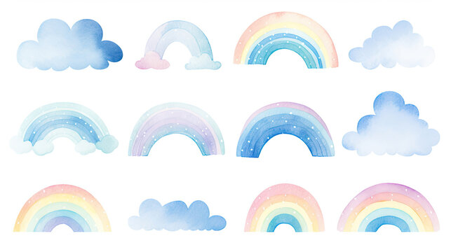 Cute rainbow clipart baby shower bright colors shades of blue rustic watercolor style hand painted on a white background  created with Generative AI Technology