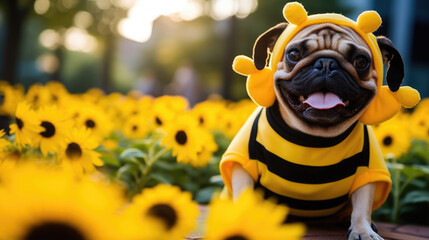 bulldog dog wearing yellow cute bee costume created with Generative AI Technology - obrazy, fototapety, plakaty