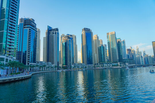 Dubai, UAE - March 15,2023: Dubai Marina in Dubai,  View of the skyscrapers and the canal