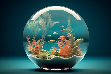 Abstract biosphere in a bubble. Ecosystem in a fish bowl. Environmental background wallpaper with fish and coral, Generative AI 