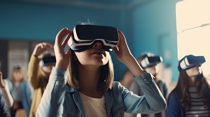 educational innovation Female student in virtual reality glasses joins teacher during lesson in bright classroom at school