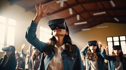 educational innovation Female student in virtual reality glasses joins teacher during lesson in bright classroom at school