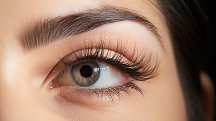 Fototapeta premium Close up and detail photo makeup of a beautiful woman eyes showing curly and beautiful natural eyelash extensions created with Generative AI Technology