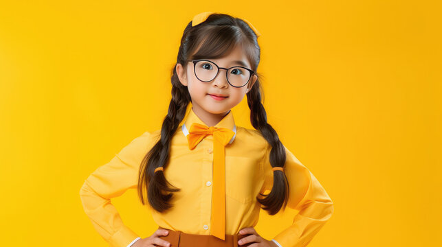 funny asian child school girl girl on yellow background. free style costume,
