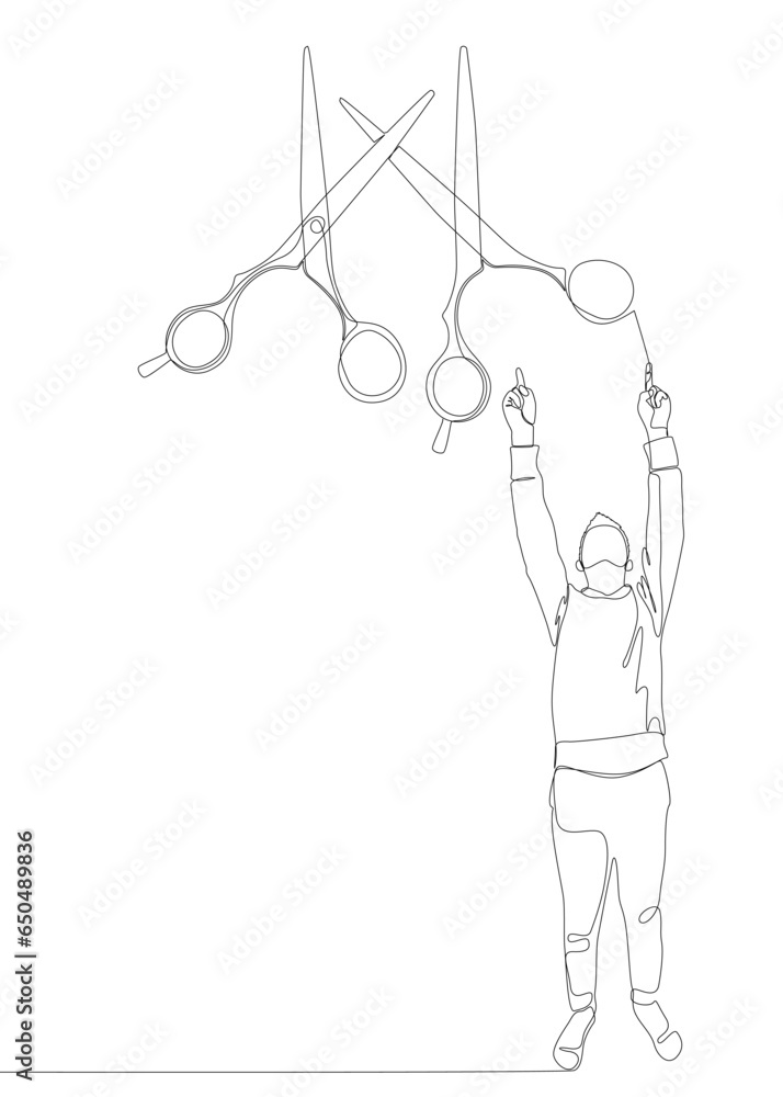 Poster one continuous line of man pointing with finger at scissor. thin line illustration vector concept. c