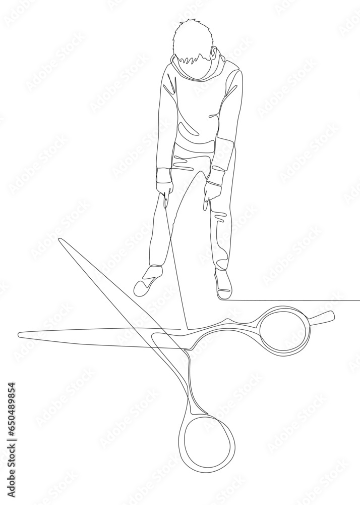 Poster one continuous line of man pointing with finger at scissor. thin line illustration vector concept. c