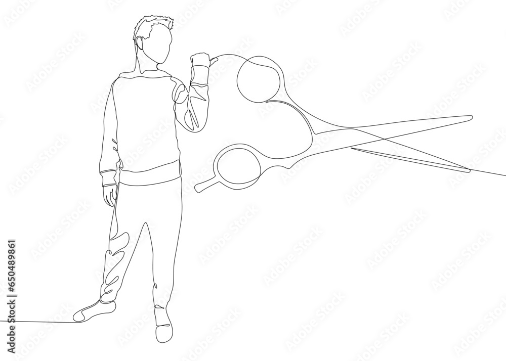 Poster one continuous line of man pointing with finger at scissor. thin line illustration vector concept. c