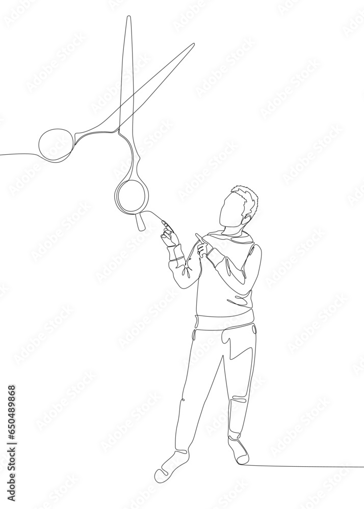 Poster one continuous line of man pointing with finger at scissor. thin line illustration vector concept. c