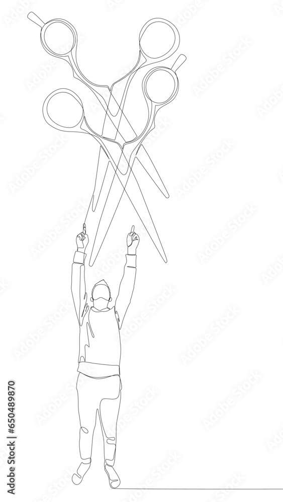 Poster one continuous line of man pointing with finger at scissor. thin line illustration vector concept. c