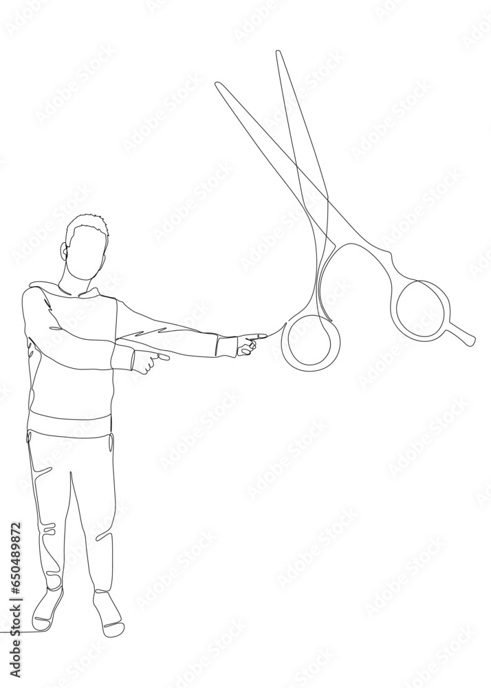 Poster one continuous line of man pointing with finger at scissor. thin line illustration vector concept. c