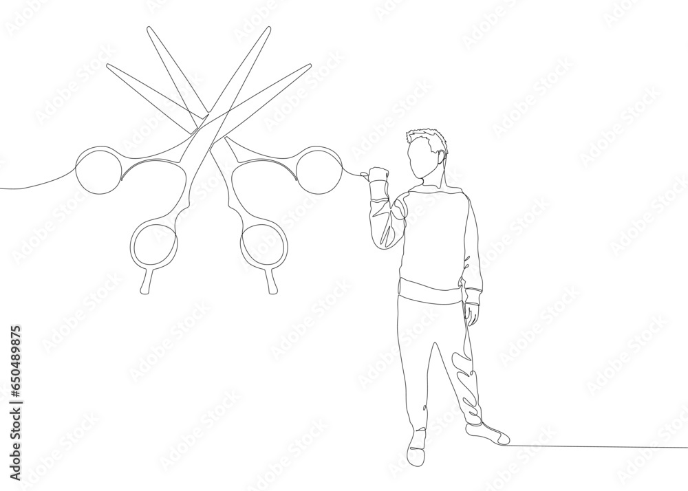 Wall mural One continuous line of Man pointing with finger at scissor. Thin Line Illustration vector concept. Contour Drawing Creative ideas.